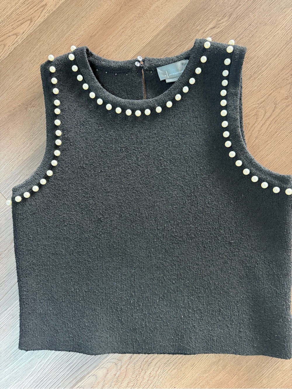 Anthropologie Black Sleeveless Sweater Vest with Pearl Trim